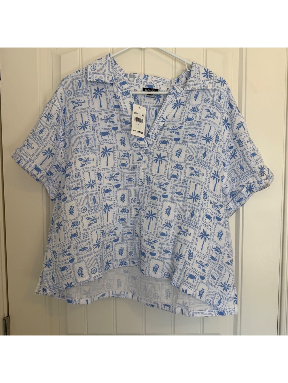 NWT Splendid Women's White and Light Blue Cotton Button-Up Blouse, Size XL